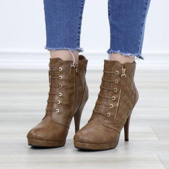 Khaki Platform High Heel Boots Light Fur inside - Picture 11 of 12